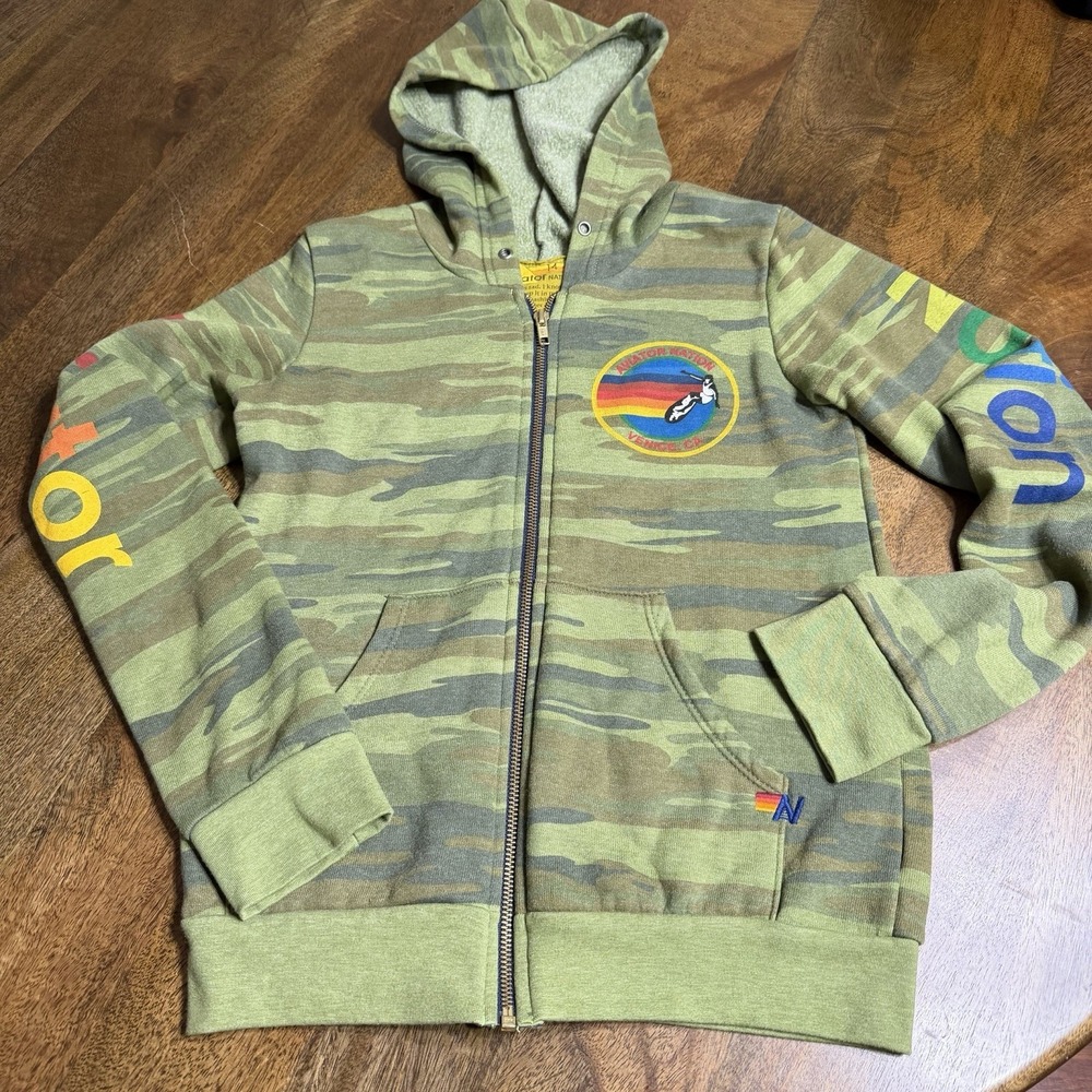 Aviator Nation Full Zip Hoodie Camo Green Youth Size 14 Womens Small